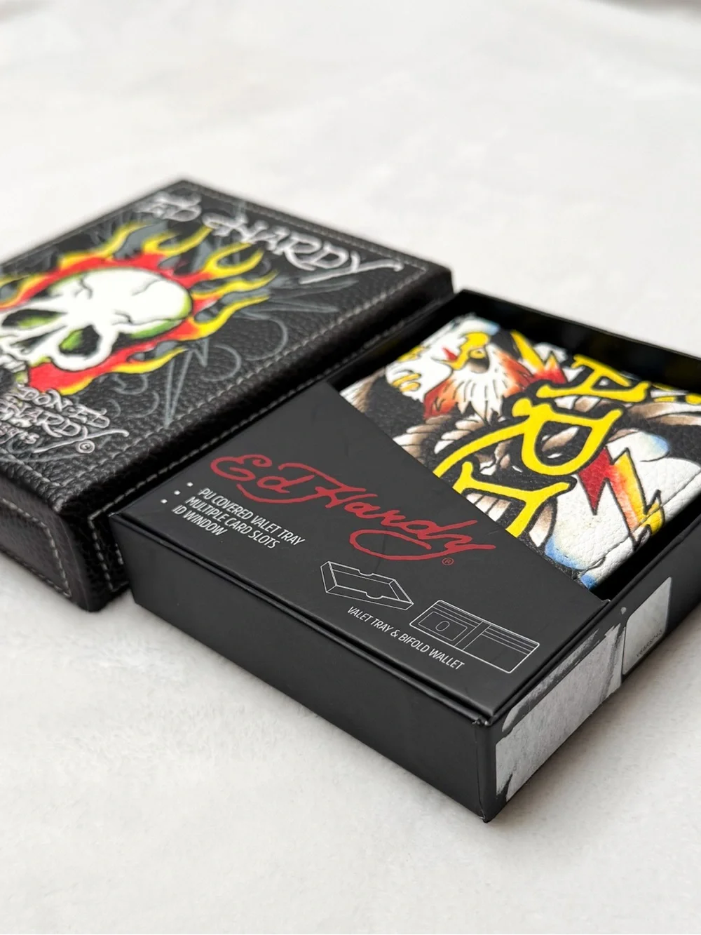 Ed Hardy Men’s Eagle Skull Bifold Wallet Valet Tray NIB Y2K Tattoo